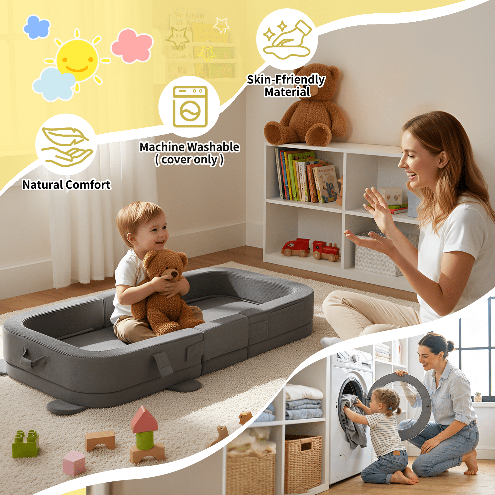LIFERUN Foldable Toddler Travel Bed, Portable Toddler Floor Bed for Baby and Kids Aged 1-4, with Washable Cover, Safety Rail, for Home, Hotel, Camping