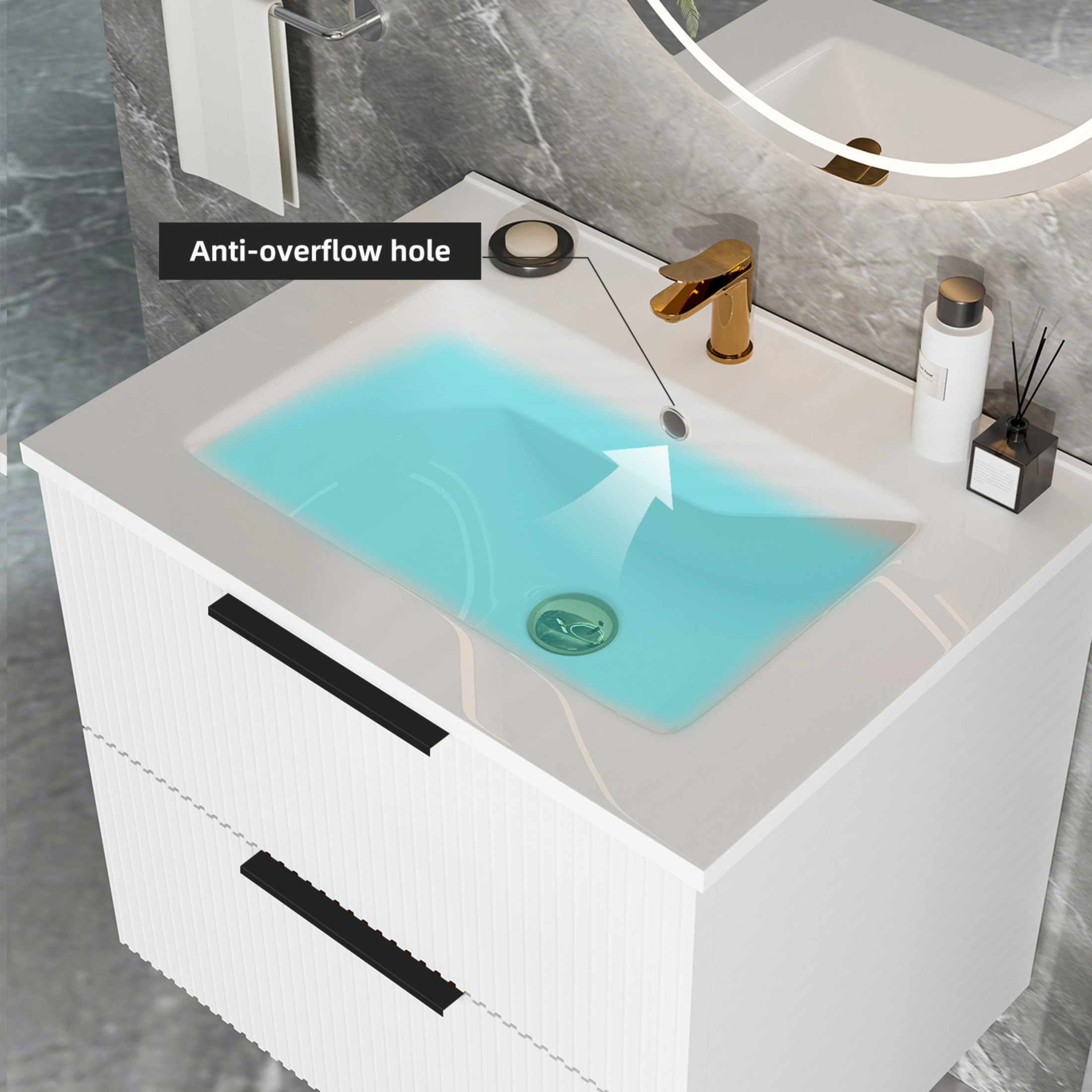Noble House 24" Wall Mounted Floating Bathroom Vanity with Sink, 2 Drawers, Modern Cabinet, Matte White