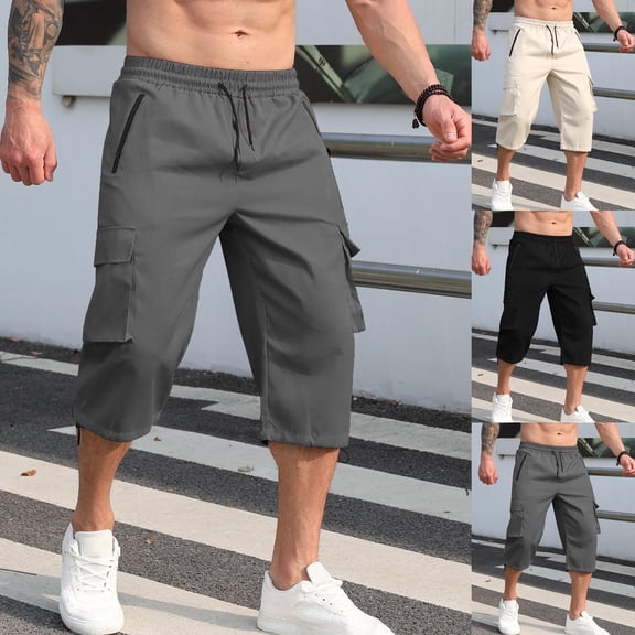 YHAJDS Summer Mens Pants,Mens Pants Solid Color Multi Pocket 3/4 Length Casual Cargo Workwear Comfortable Pants