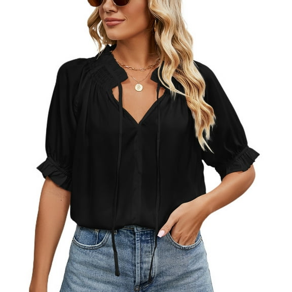Defitshape Women's Short Sleeve Blouse Chiffon Puff Sleeve Top Ruffle Shirt Soft Loose Fit Summer Holiday Cute Black XX-Large