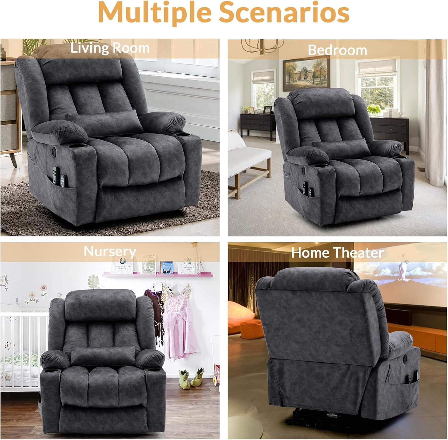 Dual Motor Power Lift Recliner for Big Elderly, Extended Footrest, Large Infinite Position Lay Flat Chair for Living Room with Massage & Heat, Lumbar Pillow, USB & Type-C Ports, Plush-Gray