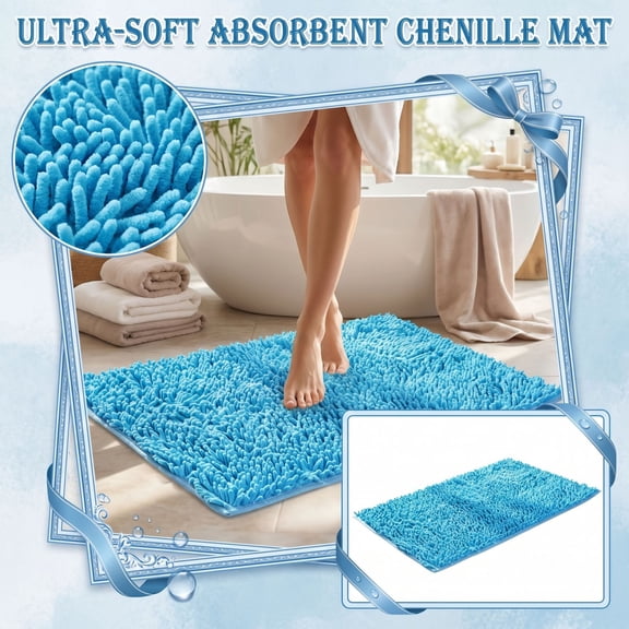 Chenille Non-Slip Bathroom Rug, 16x24 Inch Super Absorbent Soft Floor Mat, Cloud-Like Shaggy Mat for Tub Shower Entry Light Blue