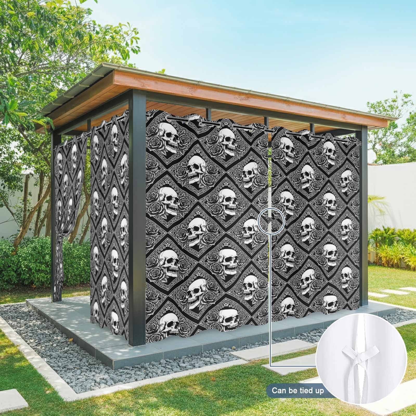 Gray Skulls Outdoor Curtains for Patio, Abstract Baroque Dark Rose Rustic Plants Farmhouse Sunshade Privacy Drapes Grommet Waterproof Outside Curtains for Porch/Cabana/Balcony 54"x 108", 1 Panel