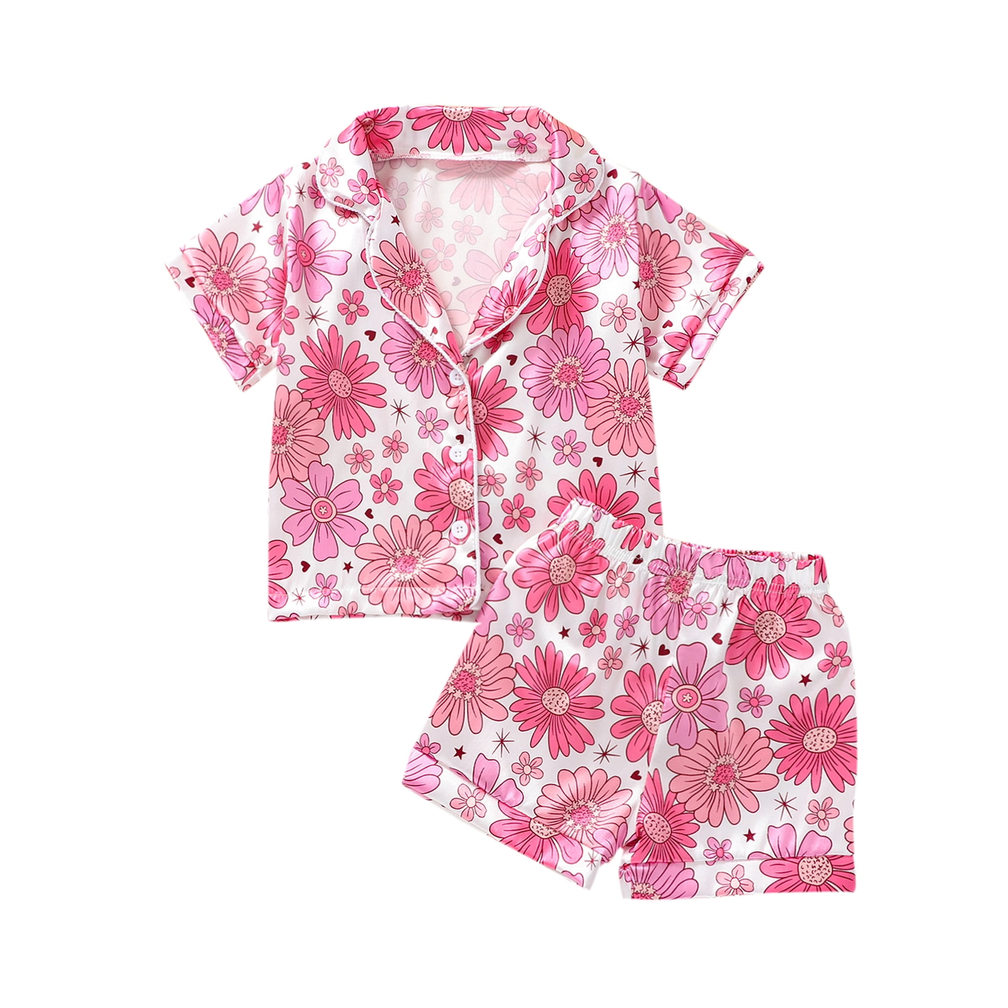 Faithtur Kids Girls Pajamas Set Flower Print Short Sleeve Turn Down Collar Tops With Elastic Waist Shorts Sleepwear Pink