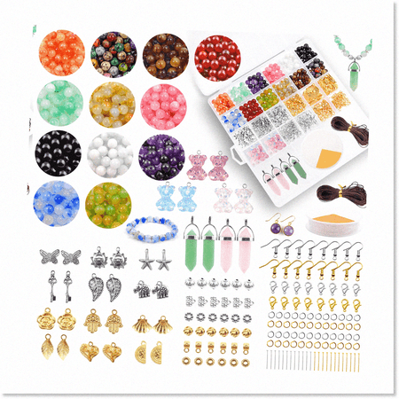 Gemstone Beads Kit - Create Stunning Jewelry with Mixed 8mm Round Loose Stones, Healing Pendants, Resin Bear Charm, and Metal Spacer Beads for DIY Bracelets, Earrings, and Necklace