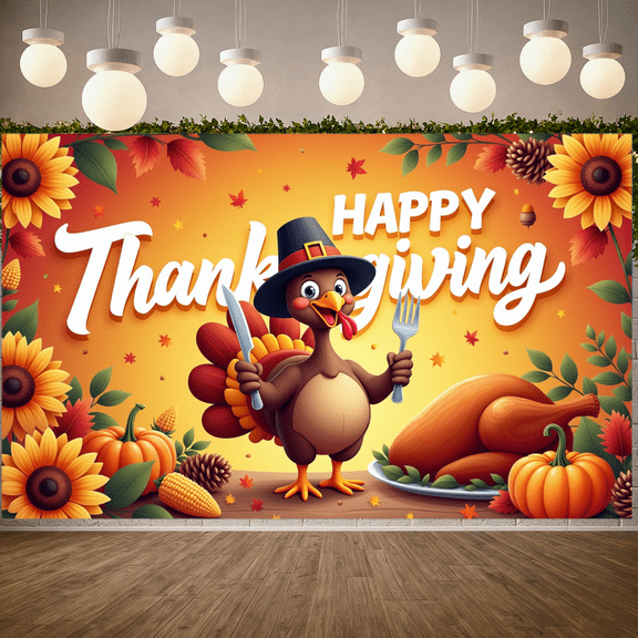 Colorful Background Happy Thanksgiving Banner Decorative Turkey Autumn Harvest Festival for Indoor Decoration Holiday Celebration Event Party