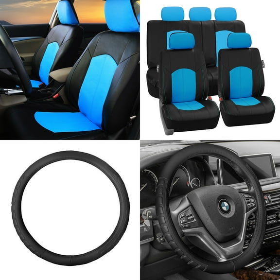 FH Group, Perforated Leather Seat Covers for Auto Car Sedan SUV, Full Set with Leather Steering Wheel Cover, 8 Colors