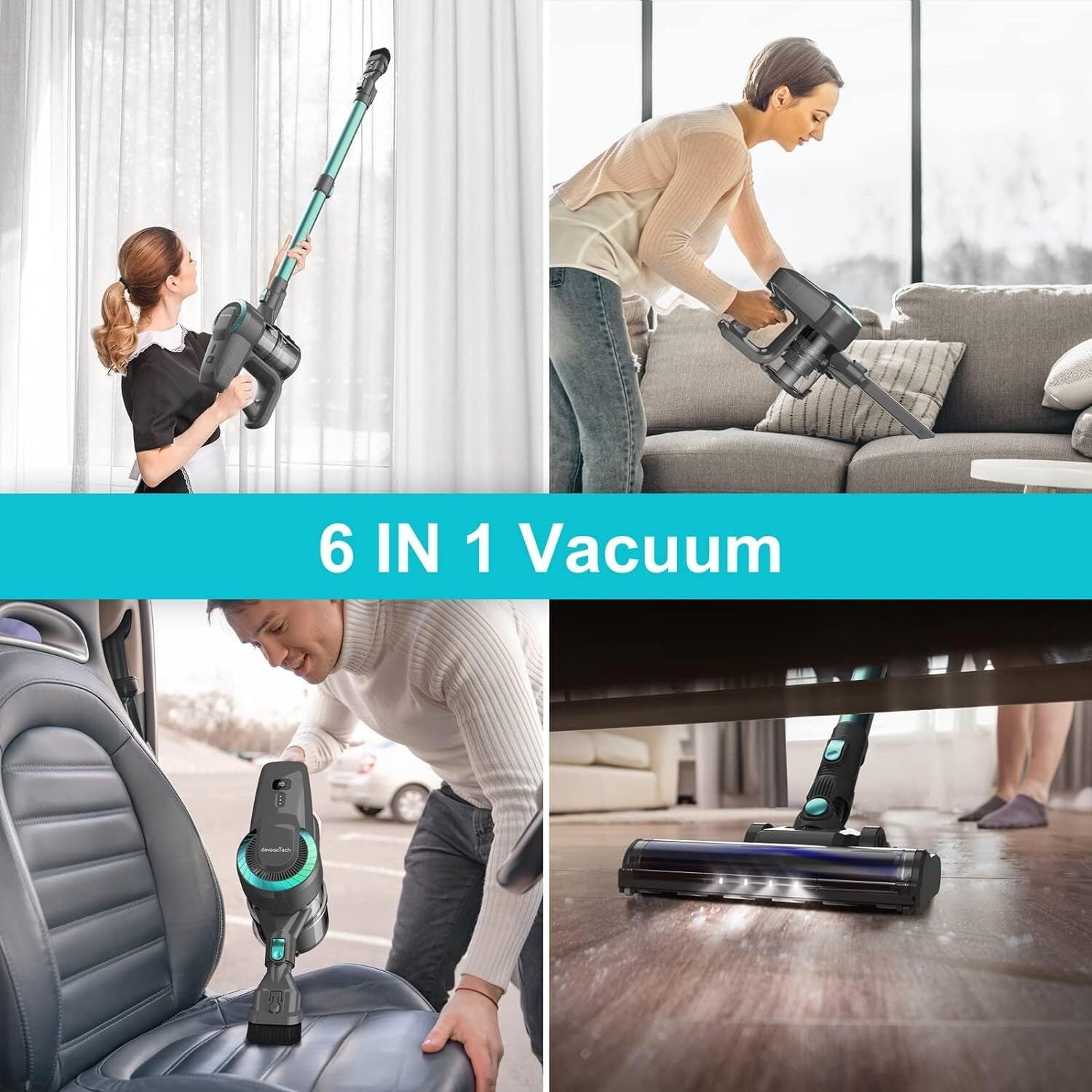 DEVOAC Cordless Vacuum Cleaner, 6 in 1 Stick Vacuum with 2200mAh Battery up to 40mins Runtime, Powerful Ultra-Lightweight Vacuum for Hard Floor Carpet Pet Hair Home , N300 Green