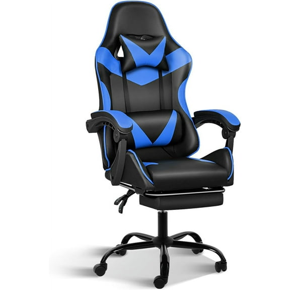 QRKD Gaming Chair, Backrest and Seat Height Adjustable Swivel Recliner Racing Office Computer Ergonomic Video Game Chair with Footrest and Lumbar Support, Black/Blue