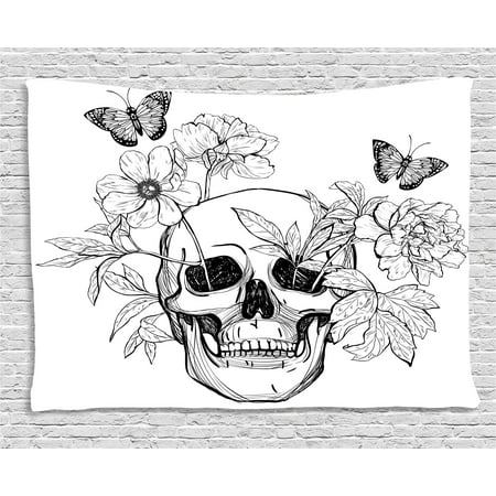 Butterfly Tapestry Wall Hanging - Day Of The Dead Decor Tapestry, Skull with Flower Blooms and Butterflies Vintage Gothic Print, Wall Hanging for Bedroom Living Room Dorm Decor, 80W X 60L Inches, Black and White, by Ambesonne