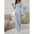 thumbnail image 5 of Women 2 Piece Knit Set Soft Stretchy Striped Long Sleeve Self-Tie Front Top High Waist Flare Pants XXL, 5 of 9