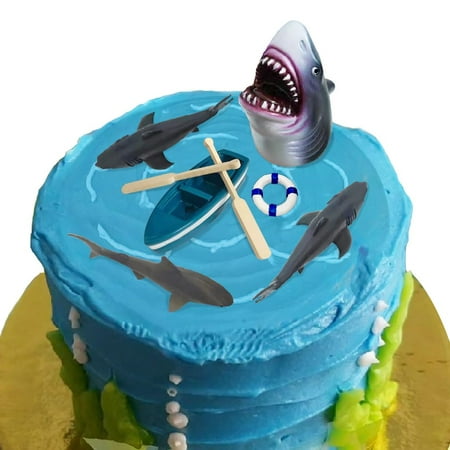 Shark Cake Toppers PresNok Beach Shark Cake Decorations Set with Four Sharks Boat Paddle Life Buoy for Shark Themed Birthday Party(Shark)