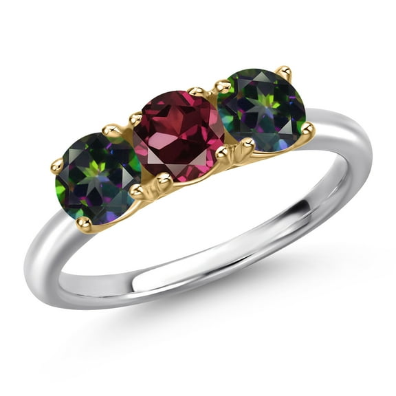 Gem Stone King 10K Two Tone Gold Red Rhodolite Garnet and Green Mystic Topaz Engagement Ring for Women | 1.70 Cttw | Round 5MM | Gemstone January Birthstone | Size 7