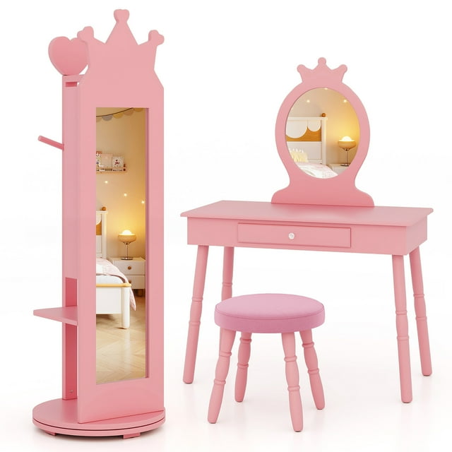 Gymax Kids Vanity Set Princess Makeup Dressing Table & Chair Set w/ Coat Rack Pink