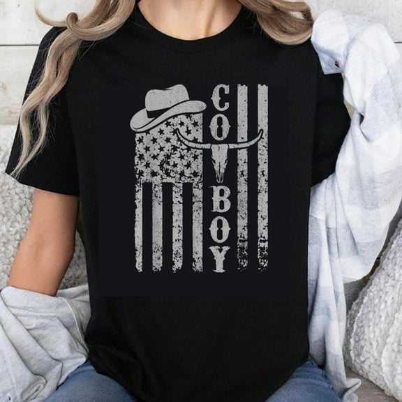 100% Cotton Cowboy American Flag T-Shirt with Hat and Longhorn Design for Men Women Country Western Style Graphic Tee Shirt