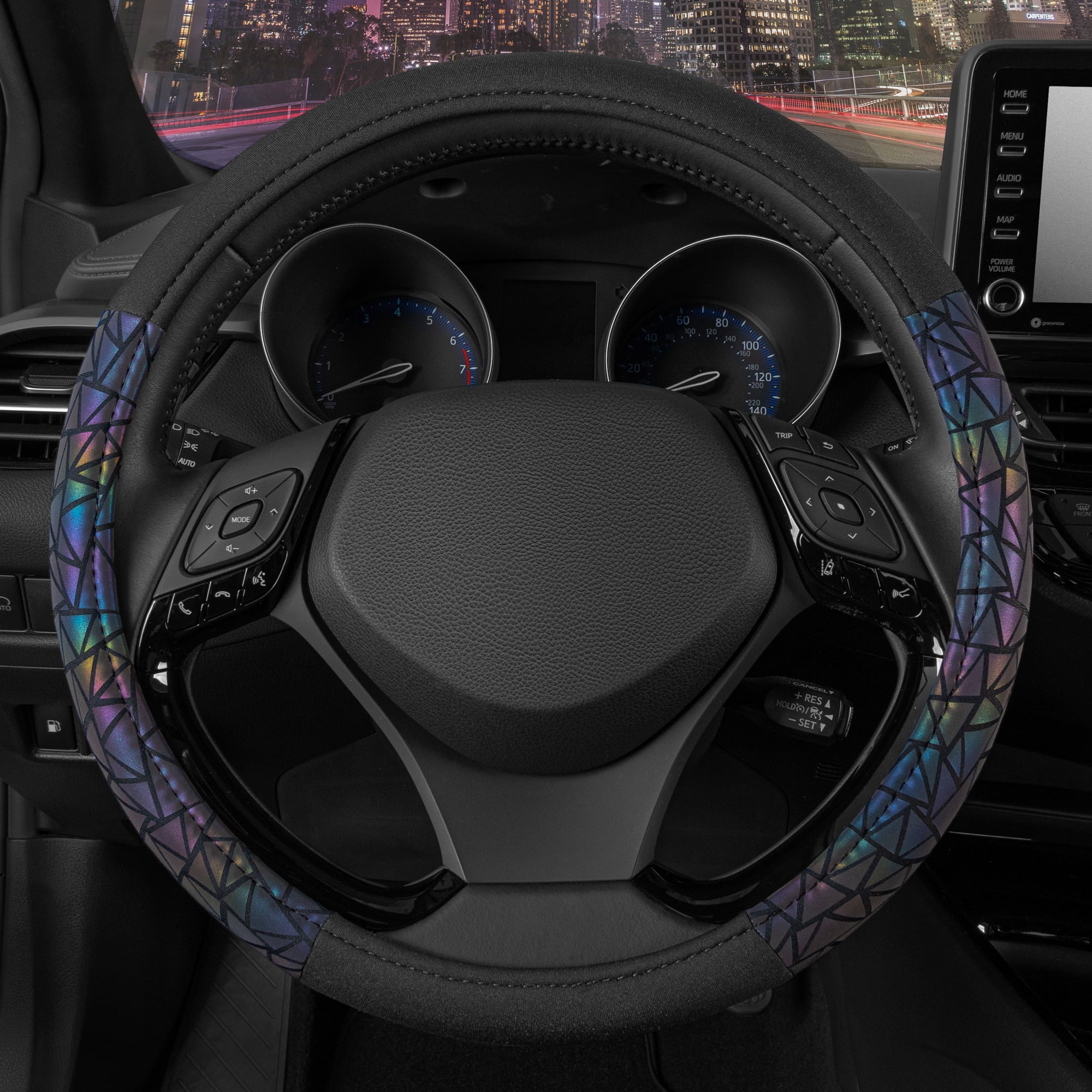 BDK Geometric Prism Sparkle Glitter Steering Wheel Cover - Car Steering Wheel Cover for Women with Shiny Holo Bling Accents, Universal Fit for Car Truck Van SUV Wheel Sizes 14.5 to 15.5 Inches