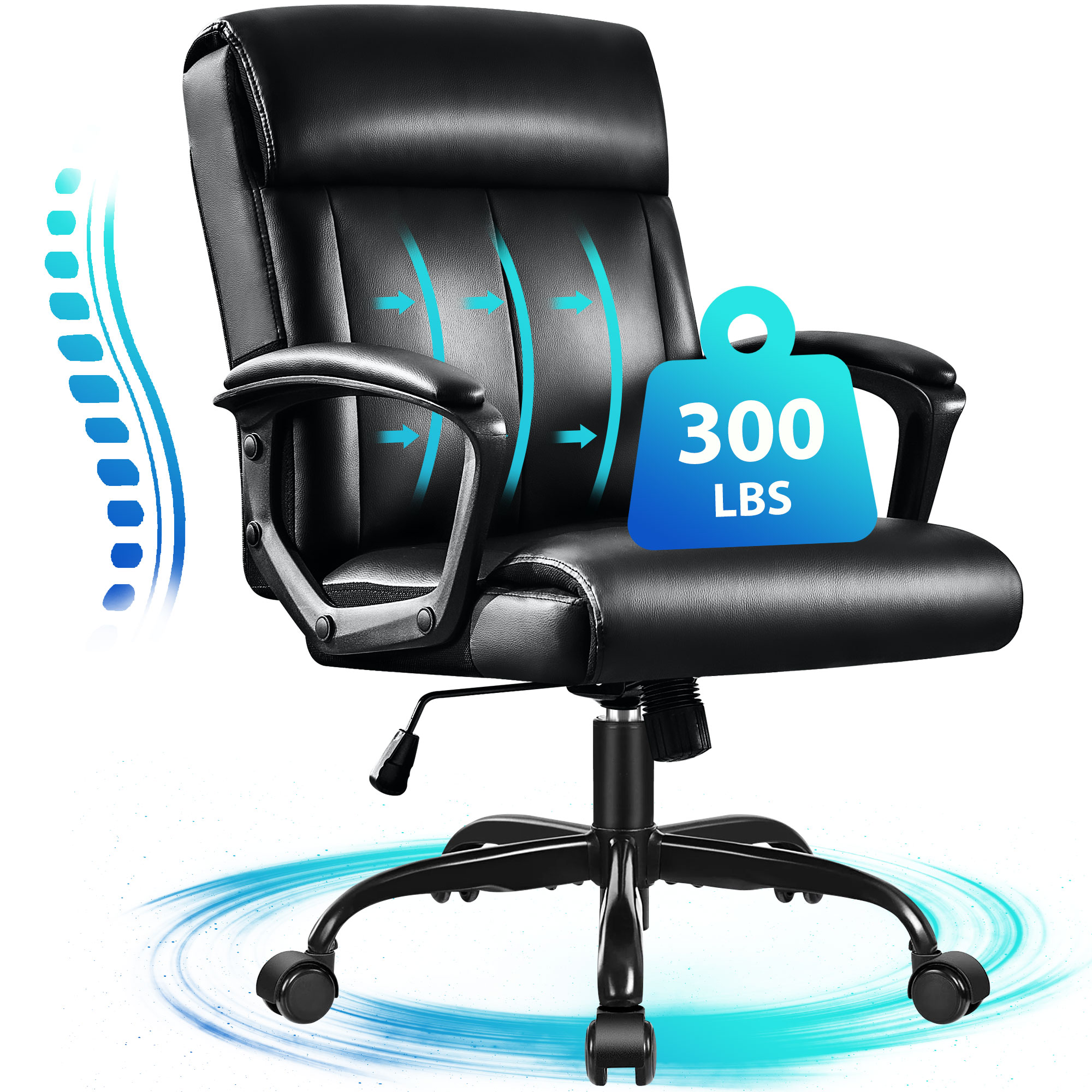 JONPONY Big and Tall Office Chair 300LBS Wide Seat Ergonomic Computer Desk Chair High Back Executive Leather Chair Adjustable Task Chair Lumbar Back Support 8 Hours Heavy Duty Design,Black