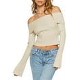 thumbnail image 2 of Womens Off Shoulder Ribbed Knit Crop Sweaters Long Sleeve Slim Pullover Jumper Tops, 2 of 6