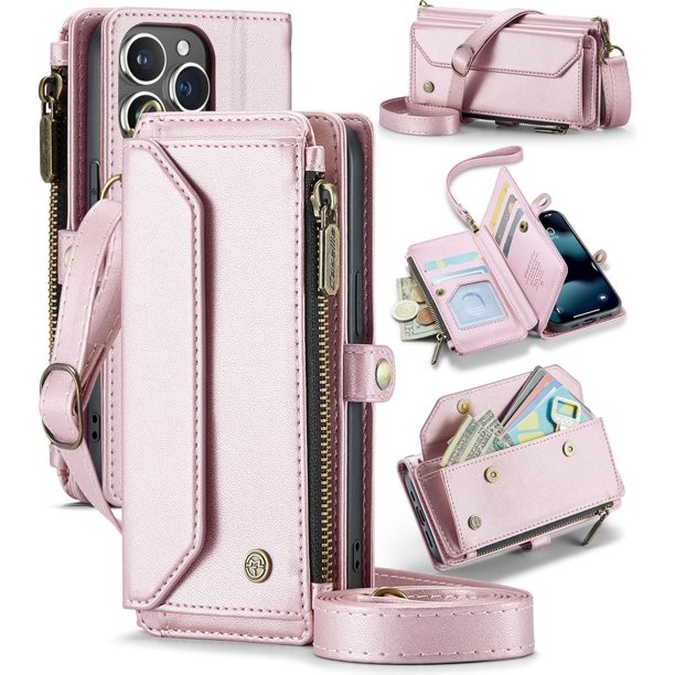 funda para iPhone 13 Pro, Funda para teléfono tipo Billetera Cruzada con Soporte de Bloqueo RFID, Ranuras para Tarjetas de Carga Inalámbrica Anticaídas, Bandolera de Cuero PU, Correa Ajustable