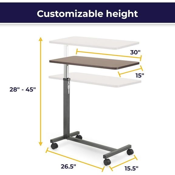 Non-Tilt Overbed Table with Wheels, Height Adjustable Rolling Tray for Hospital or Home Use, Silver Vein