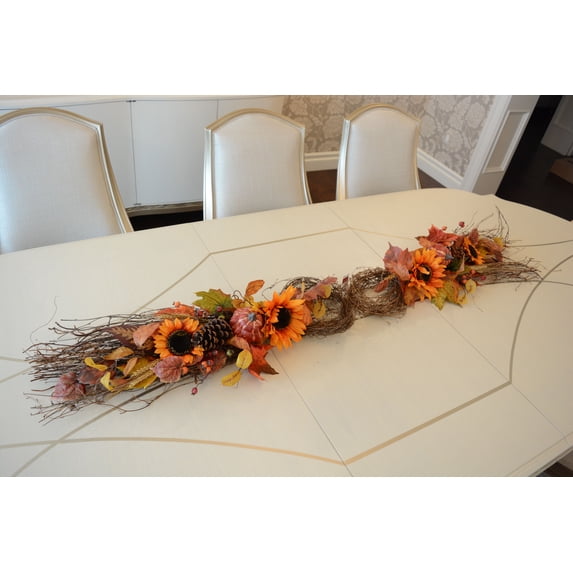 Admired by Nature 36" Artifical Festive Harvest Display Teardrop with Sunflowers, Pumpkins, Pine Cone, Maple Leaves and Wheat