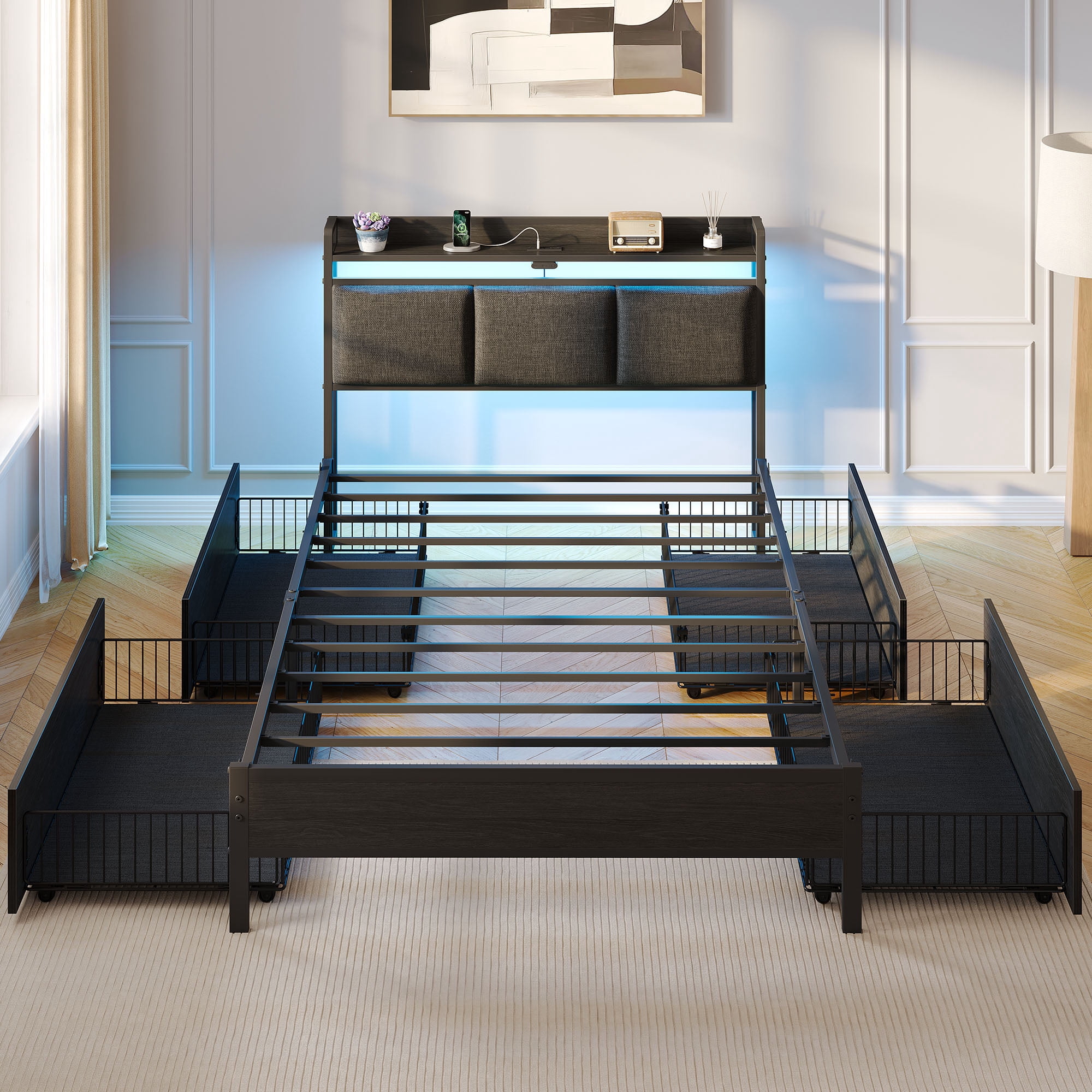 Greenstell Twin Size Bed Frame with Storage Headboard, LED Lights, Charging Station, 4 Drawers, Heavy-Duty Metal Platform Bed with USB & Type-C Ports,Dark Gray