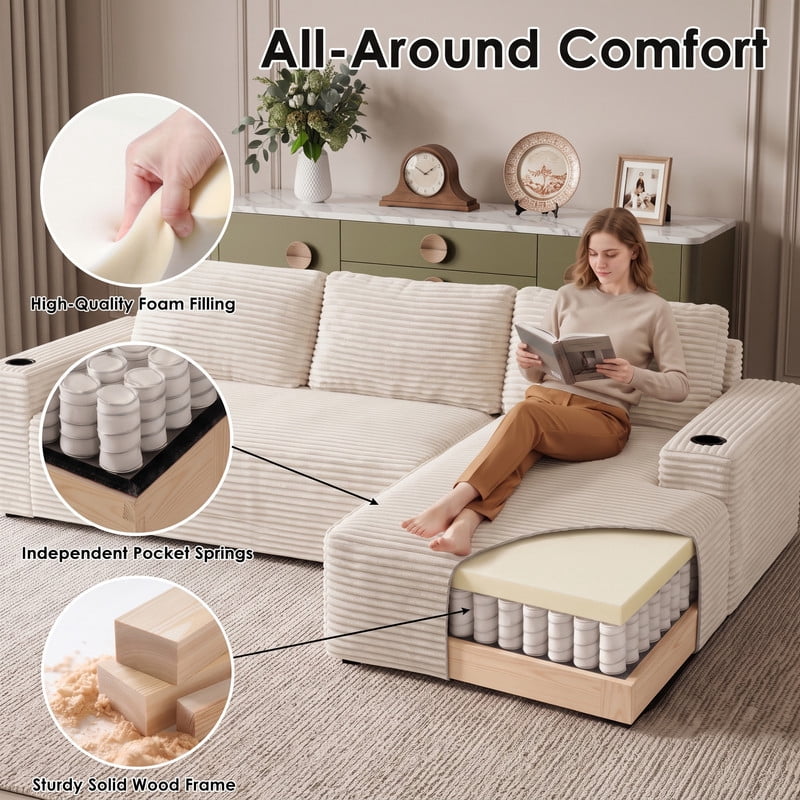 Anpport 104" Boneless Cloud Modular Sectional Couch, Corduroy Sofa with Cup Holders, Side Pockets, Deep Seat, No Assembly Required for Living Room, White (R‑Shaped, Right Facing Chaise)