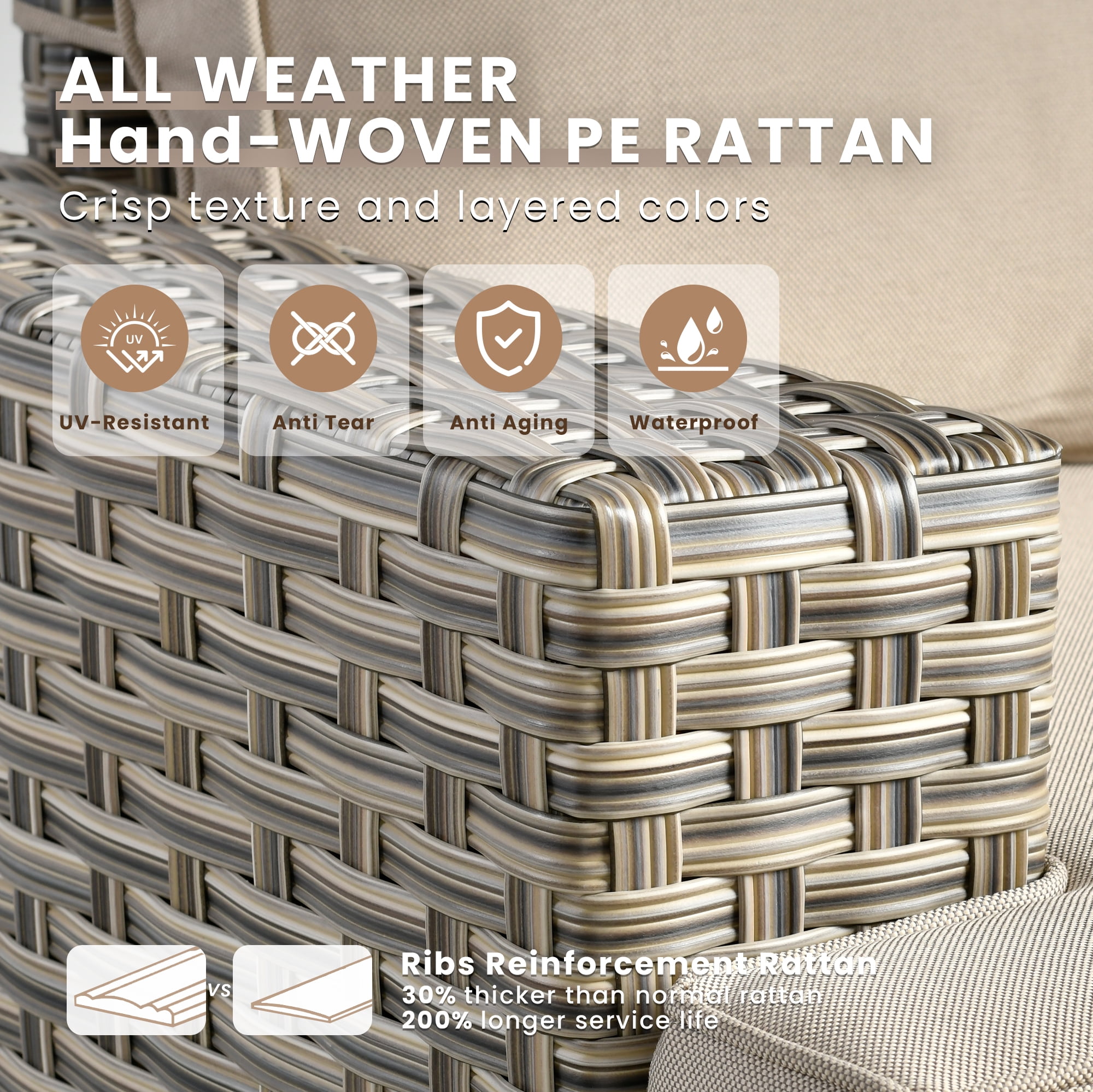 Vcatnet 8 Pieces Outdoor Patio Furniture Sectional Sofa PE Rattan Wicker Conversation Set with Solar Powered Coffee Table for Porch, Backyard, Beige
