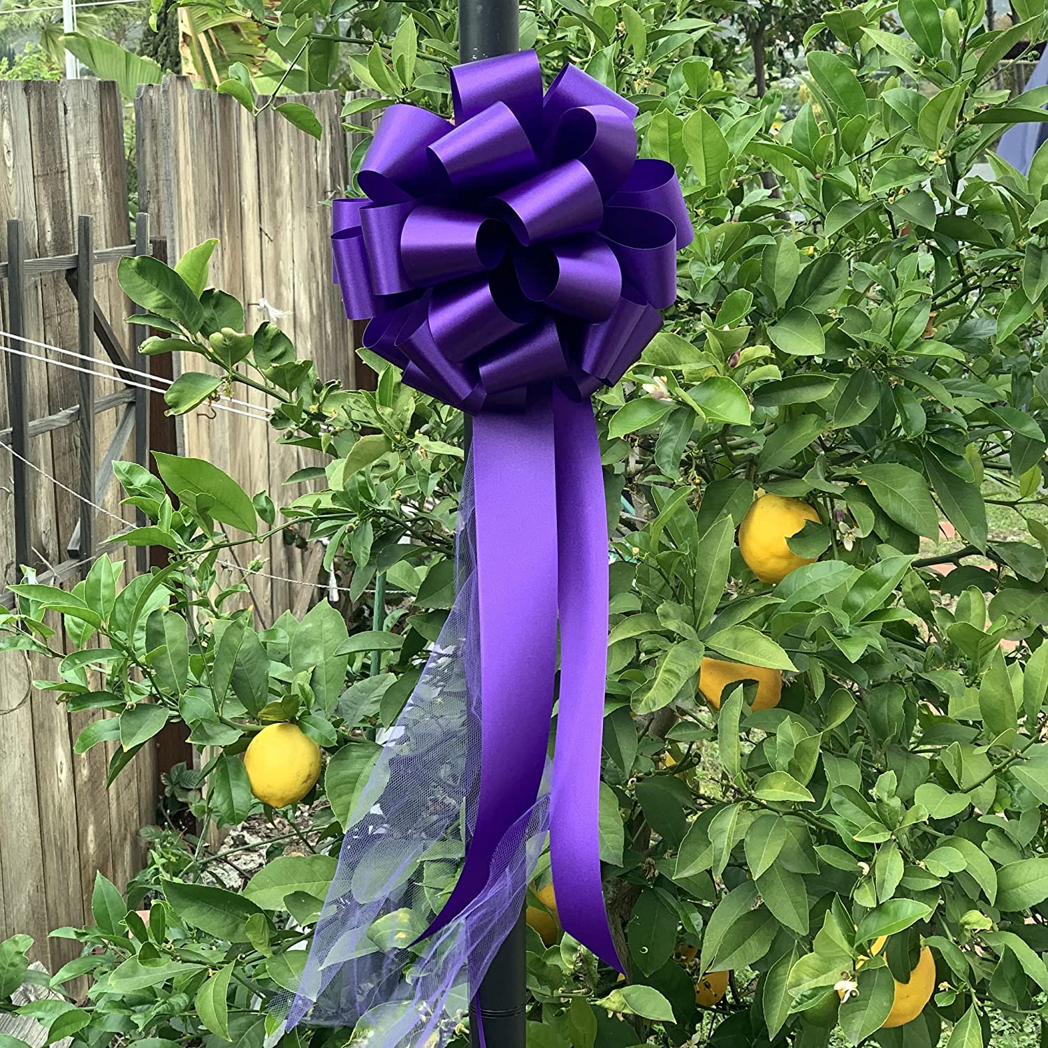 Large Purple Wedding Pull Bows with Long Tulle Tails - 9" Wide, Set of 6, Easter, Birthday, Decoration, Christmas, Mardi Gras