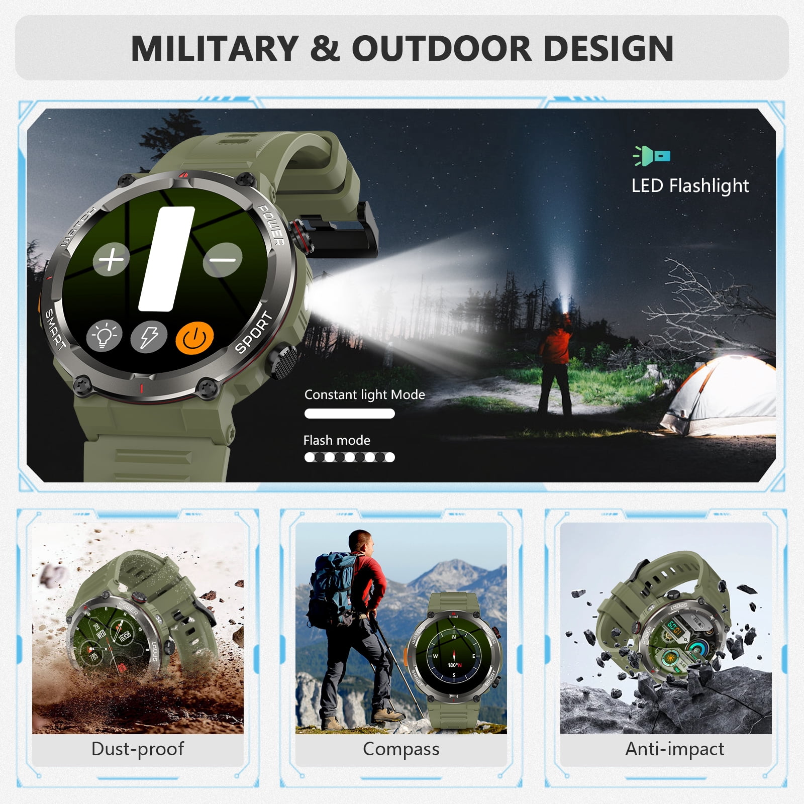 Blackview 1.45" Waterproof Military Smartwatch for Men,with Calling,Flashlight,Compass,100+ Sports Modes,960mAh Battery,fits for iPhone Android,Green