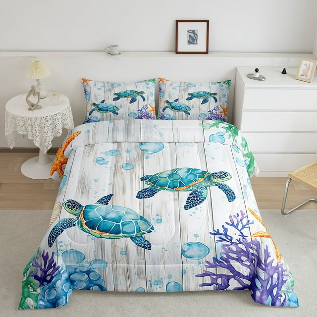 Erosebridal Cute Sea Turtle Bedding Queen Comforter Set, Lodge Cabin Down Comforter, Ocean Animal Decor, Reversible