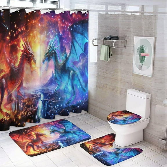 Fantasy Galaxy Dragon 4 Pcs Waterproof Shower Curtain Set,Rustic Outer Space Nebula Ancient Wildlife Purple Dragon with Waterproof Toilet Cover Shower Mat Rugs
