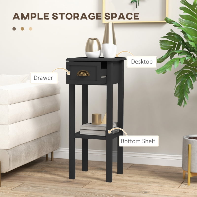 HOQBN 2-Tier Side Tables Set of 2 with Drawer and Shelf, 2-Piece End Table Set for Living Room and Hallway, Black