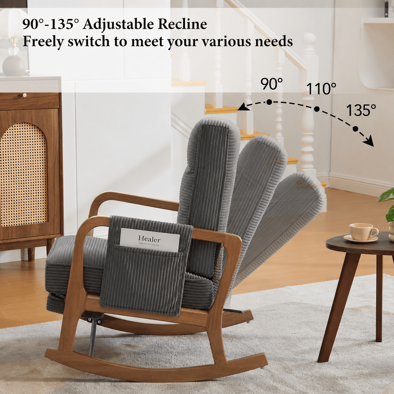 MOONMISS Rocking Chair with Footrest,Rocker Nursery Chair with Side Pocket,Glider Rocker,Accent Reading Chair for Living Room,Dark Gray
