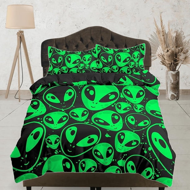 Alien UFO Kids Juego de Funda Nórdica Verde Neón, Ropa de Cama para Niños Pequeños, Invasión Espacial