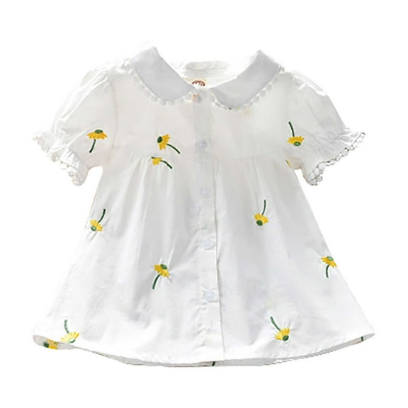 vdgthytj Girls Summer Button down Shirt Lace Trim Floral Embroidered Lapel Short Sleeve Tee Top Kids Clothes 3-12 Years