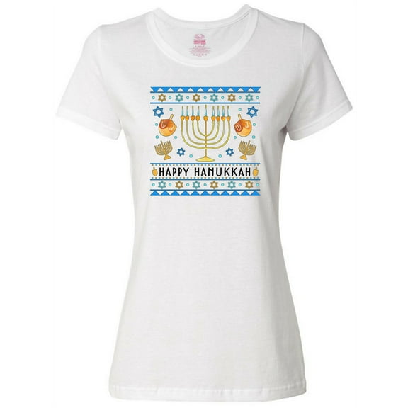 Inktastic Happy Hanukkah Sweater Style Design with Menorah and Dreidel Women's T-Shirt