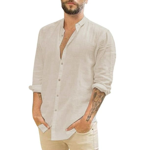 Camisa de manga larga con cuello vuelto para hombre - Diseño liso - Algodón - Informal para todas las estaciones - Tallas M-XXXL