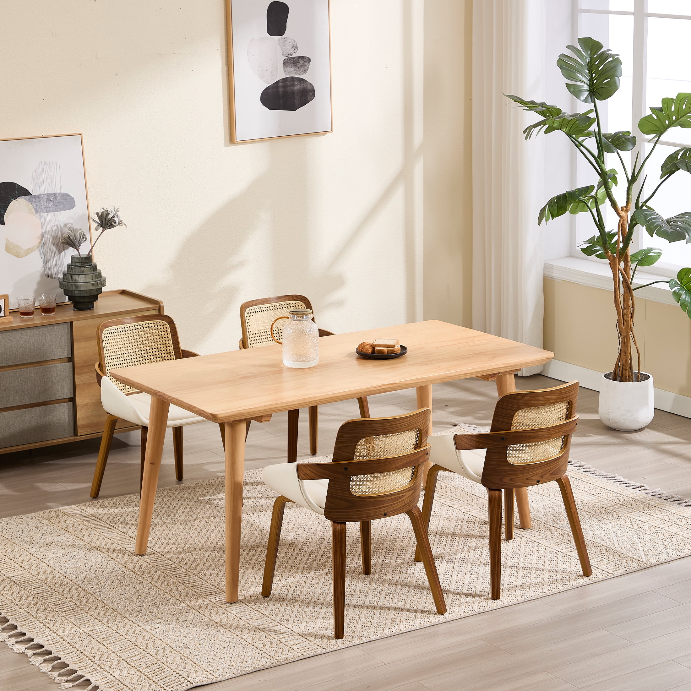 Guyou Modern Rattan Dining Chair Set of 6, Solid Wood Dining Side Chairs, PU Upholstered Kitchen Chairs with Armrests for Kitchen Dining Room Living Room, White