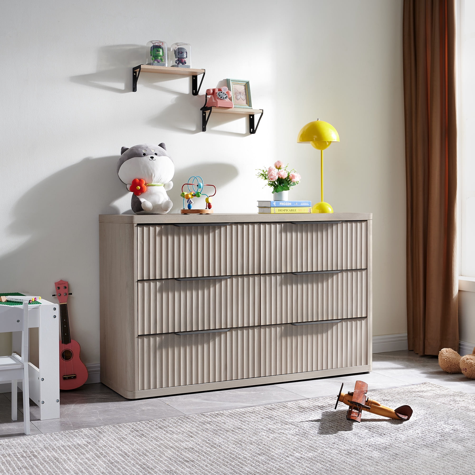 SICOTAS 53.5" Wide 6 Drawer Dresser for Bedroom, Farmhouse Chest of Drawers with Black Handles, Fluted Wood Storage Cabinet for Living Room, Light Grey