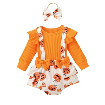 

SANSIWU Halloween Baby Girl Outfits Long Sleeve Romper+Pumpkin Print Overall Shorts+Headband Fall Set