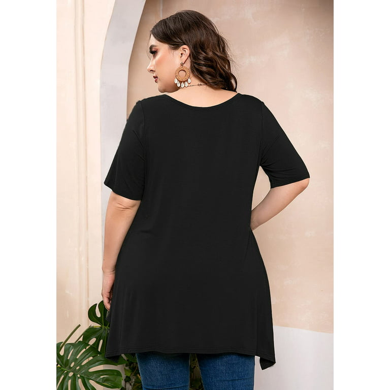 SHOWMALL Plus Size Tops for Women Tunic Clothes Short Sleeve Black Blouse  4X Summer Swing Tee Crewneck Clothing Flowy Shirt for Leggings