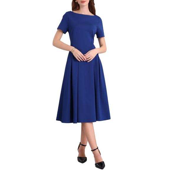 INSPIRE CHIC Women's Boat Neck Dresses 2025 Midi Swing Work A-Line Dress for Elegant and Casual Occasions M Royal Blue