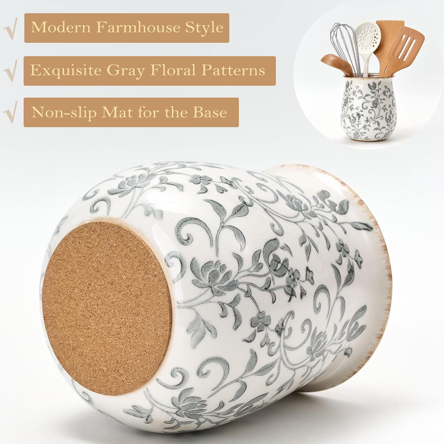 Ceramic Utensil Holder with Floral Pattern