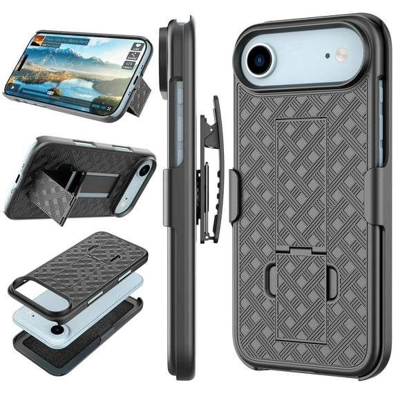 Tiflook For Apple iPhone 17 Air 6.5" Case Holster Clip [Tstraw] Hard Shell Kickstand Secure Locking Belt Swivel Carrying Cover Black
