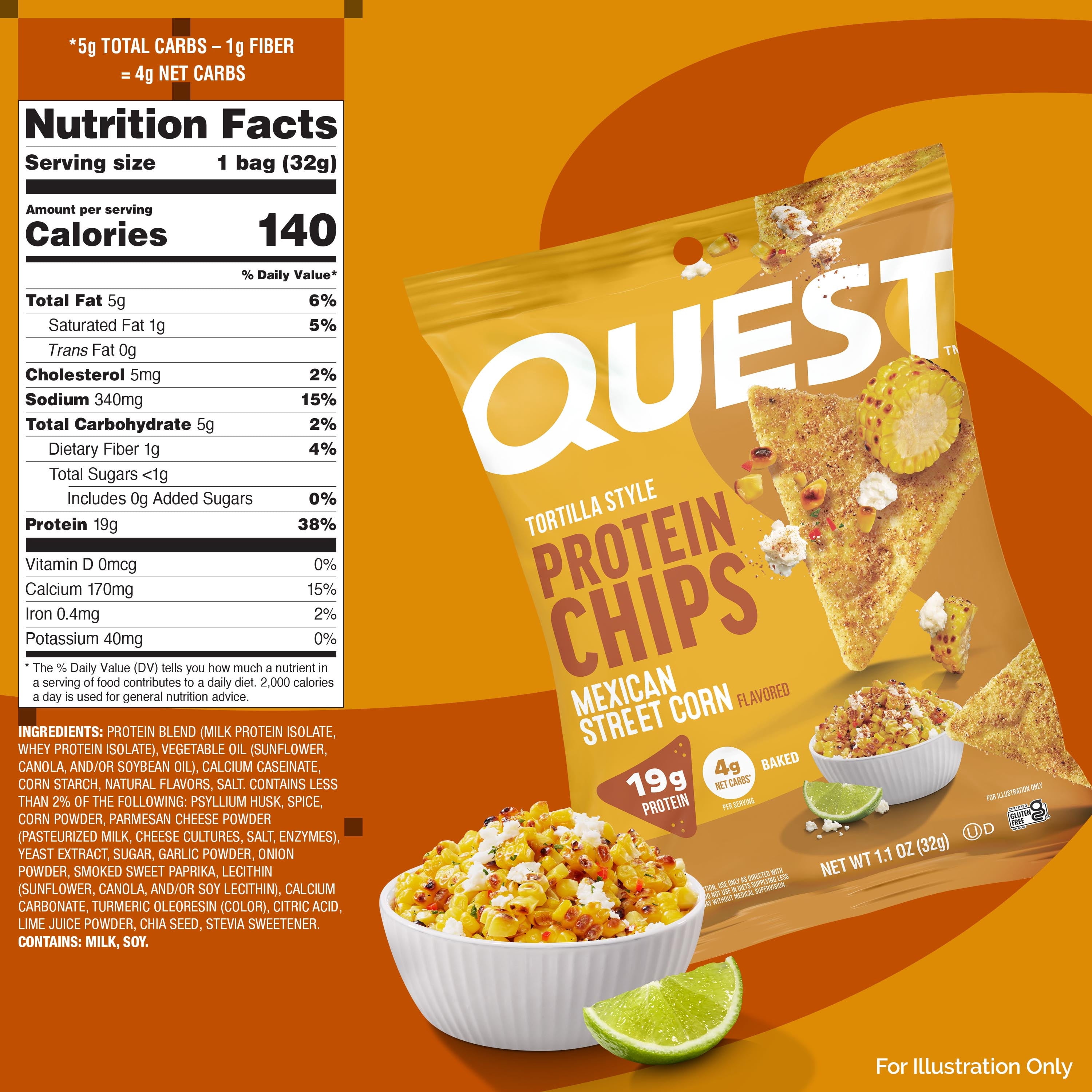 Quest Tortilla Style Protein Chips, Mexican Street Corn, 19g of Protein, 8 Count