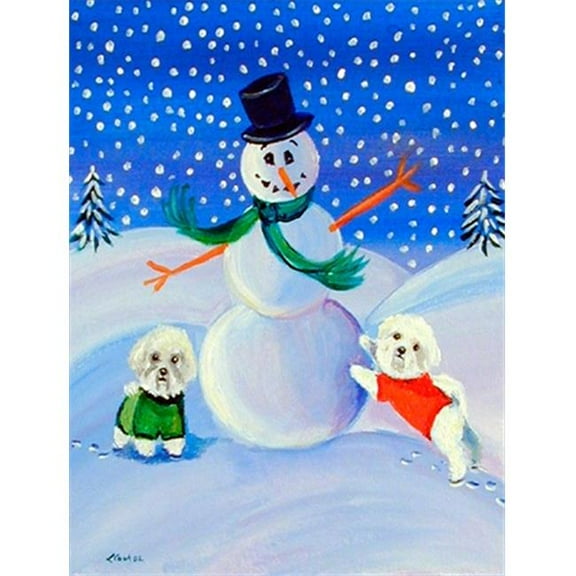 28 x 40 in. Snowman with a Bichon Frise House Size Canvas Flag