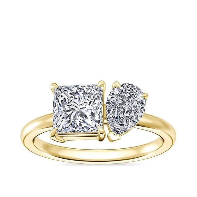 1.00 Carat Excellent Princess & Pear Cut Real Diamond Latest Design Two Stone Ring for Ladies Solid 14K Yellow Gold Size 7.5