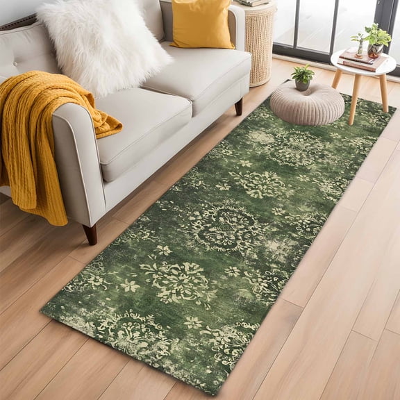 2'x6' Rug Runners for Hallways Kitchen, Vintage Green Yellow Non Slip Entryway Beside Floor Carpet Runner, Southwestern Geometric Abstract Art Washable Laundry Room Bedroom Throw Rugs Mat