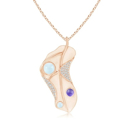 Aquamarine Bezel - March Birthstone Pendant Necklaces - Bezel Set Aquamarine and Tanzanite Dew Drop Leaf Pendant in 14K Rose Gold (5mm Aquamarine) - SP1235AQTD-RG-AA-5